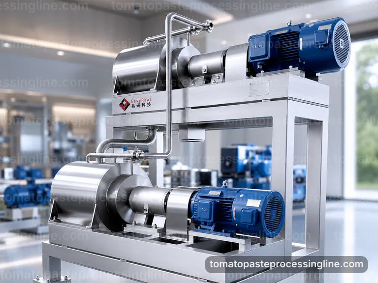 industrial tomato paste processing line, buying considerations: pulp refinement with skin and seed removal section connection view