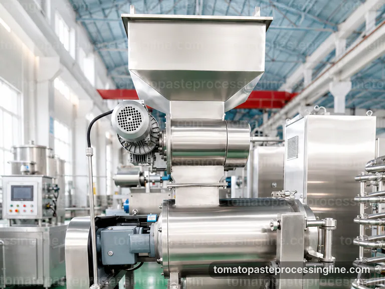industrial tomato paste processing line, installation and maintenance: pulp refinement with skin and seed removal section connection view