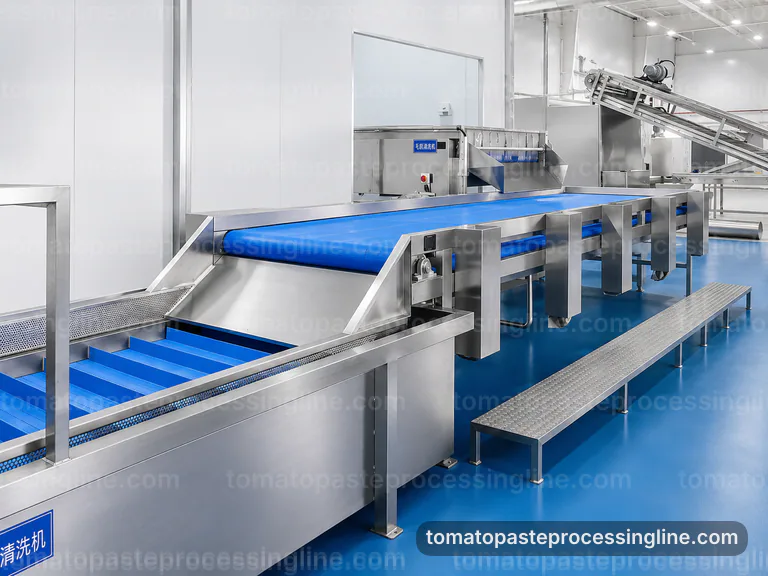 industrial tomato paste processing line, plant integration: tomato break and refiner section connection view
