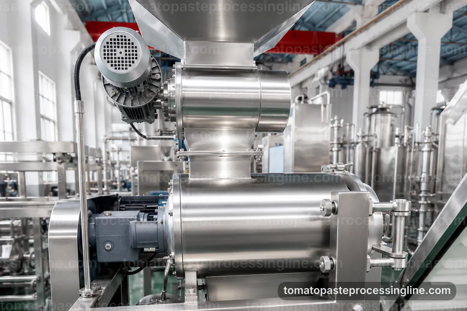 industrial tomato paste processing line, plant integration: pulp refinement with skin and seed removal section operating stage