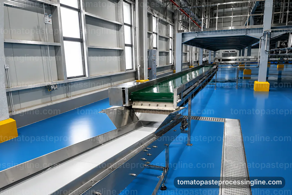 industrial tomato paste processing line, feed and output handling: tomato break and refiner section operating stage