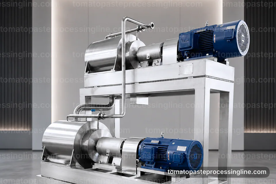 Industrial Tomato Paste Processing Line: Process Sequence Operating Stage industrial tomato paste processing line, process sequence: pulp refinement with skin and seed removal section operating stage