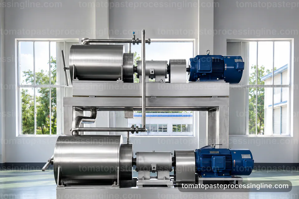 Industrial Tomato Paste Processing Line: Configuration Options Operating Stage industrial tomato paste processing line, configuration options: pulp refinement with skin and seed removal section operating stage