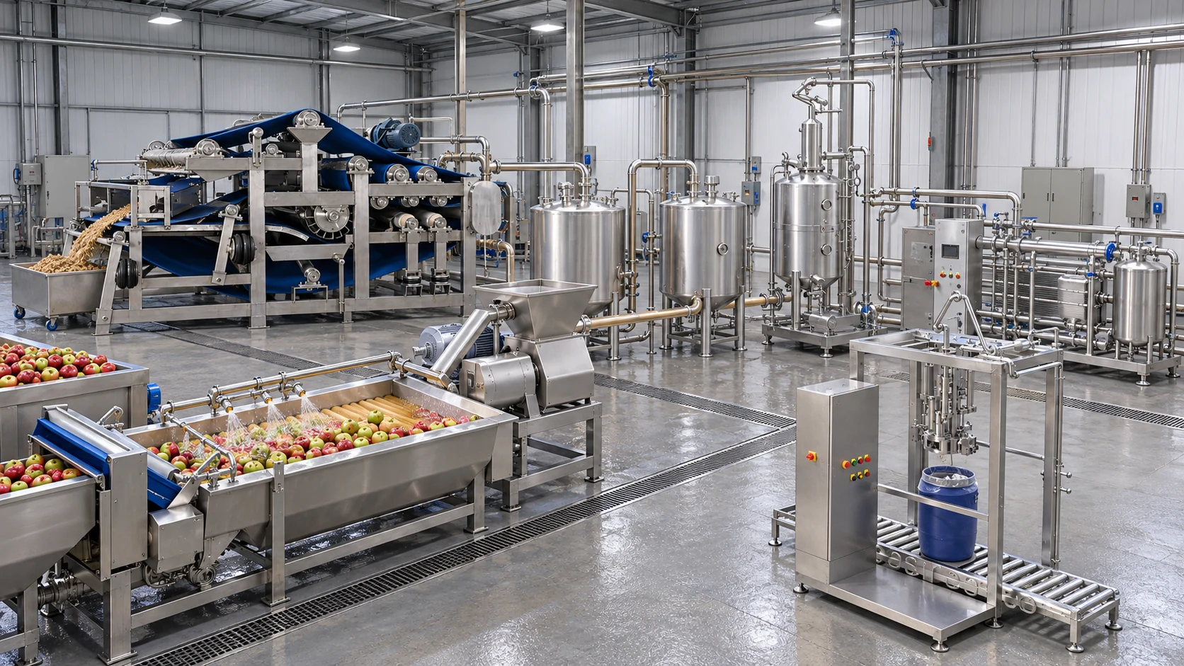 Conceptual factory visualization of a cloudy apple juice line with brush washer, mill, blue-belt press, closed juice tanks, deaeration vessel, thermal treatment skid and drum filler