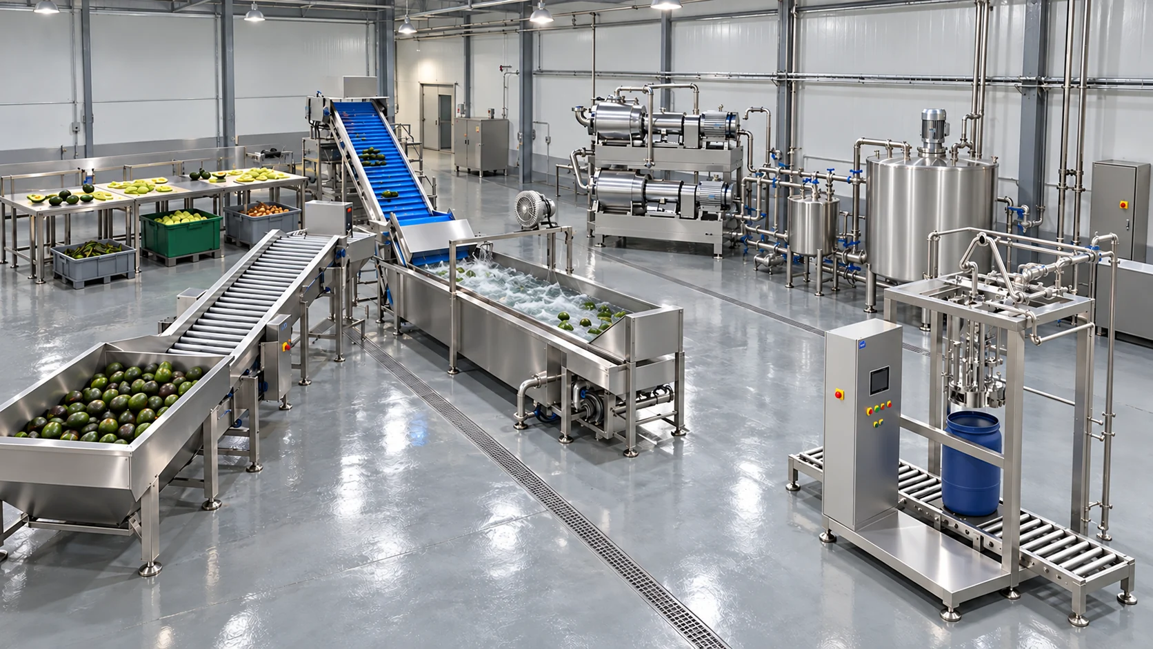 Conceptual factory-layout visualization of an avocado processing line with receiving and inspection, bubble washing, manual peel and pit preparation, two-stage pulping and screen finishing, blending, supported bulk filling and a separate CIP circuit
