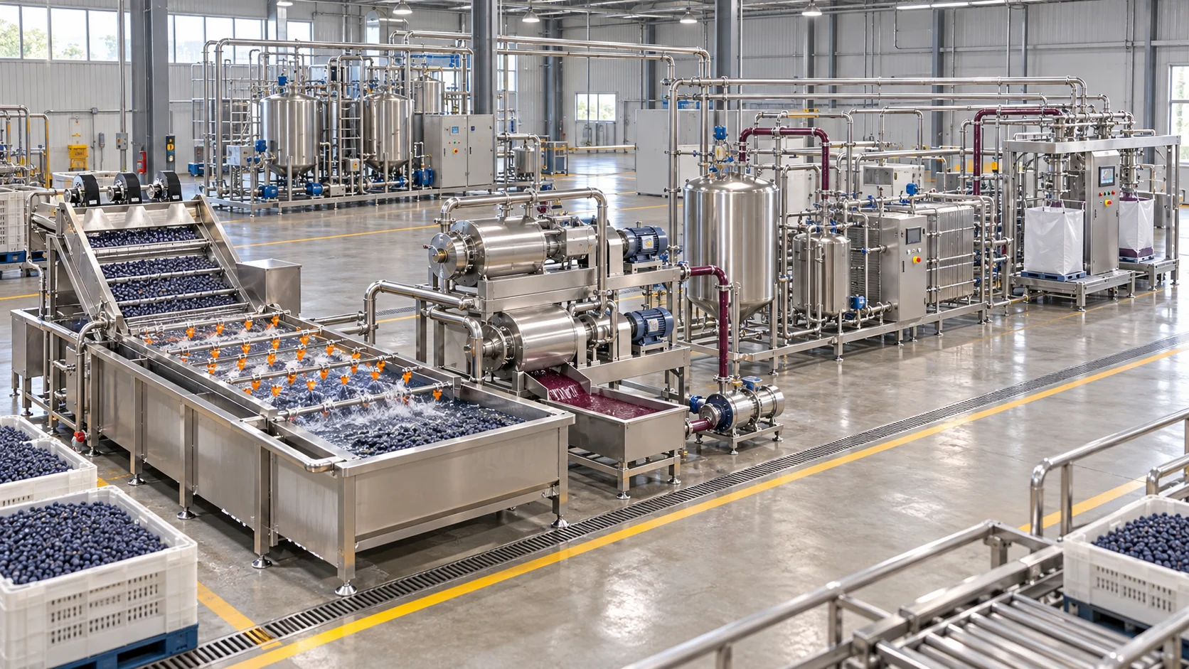 Reference-based conceptual blueberry puree factory layout showing receiving, fruit-specific preparation, product treatment and packing interfaces