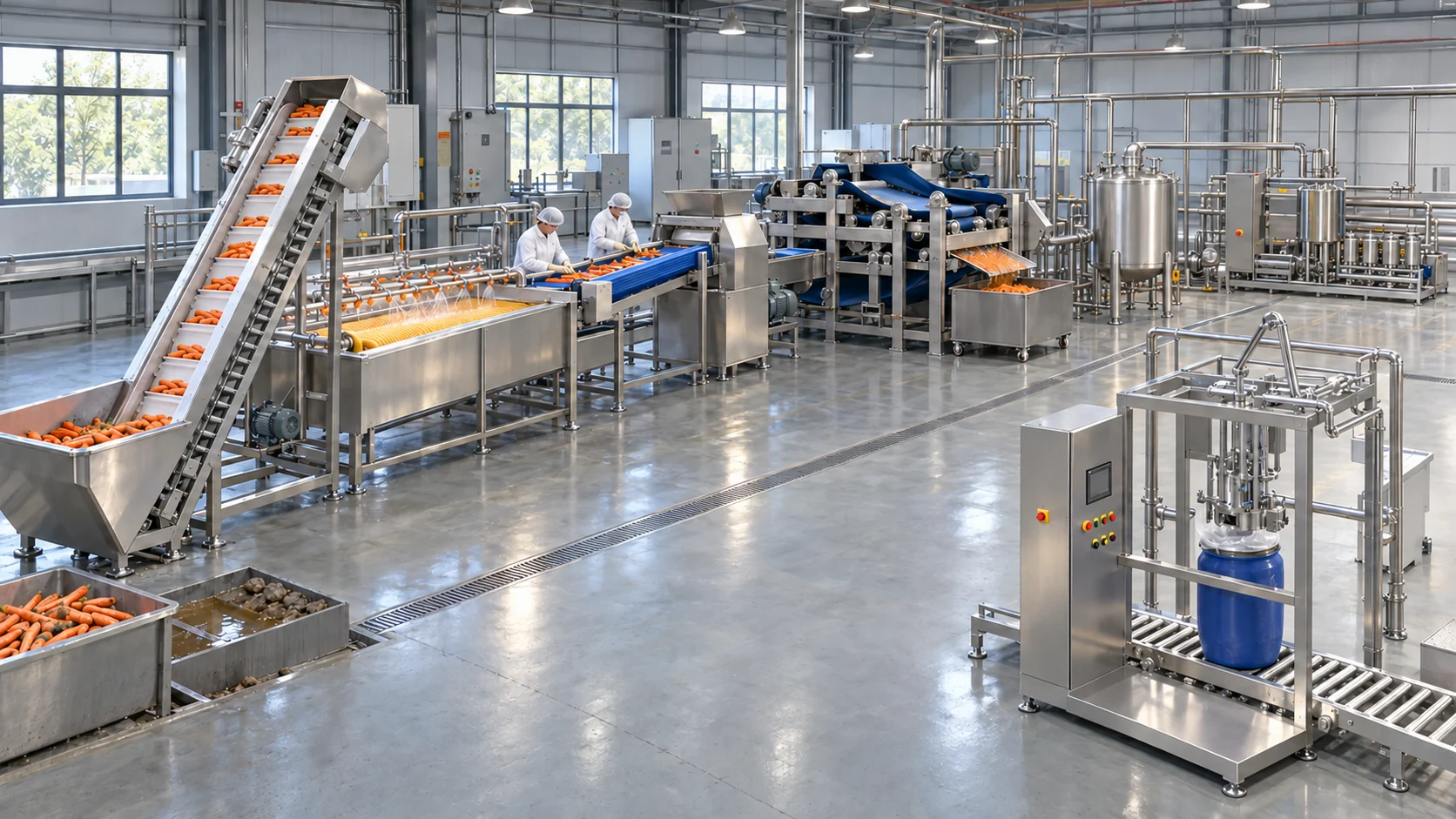 Conceptual carrot processing factory layout with receiving elevator, brush washer, manual inspection, size reduction, belt press, buffer tank, tubular treatment, CIP and bulk bag-in-drum filling.