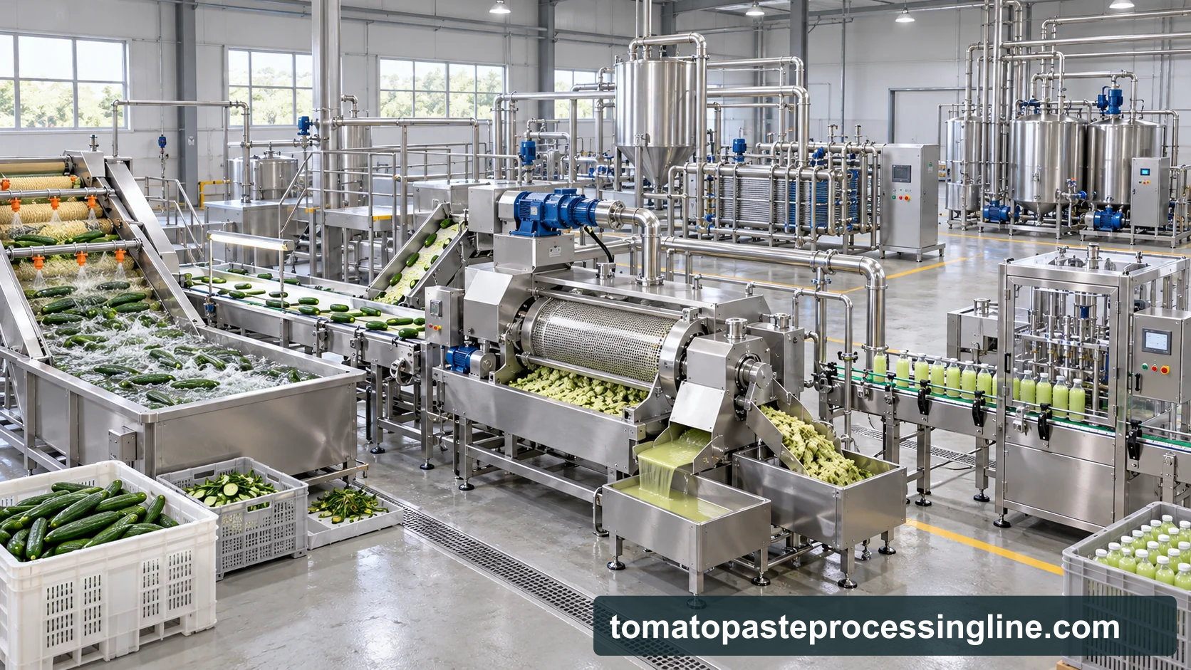 Reference-based conceptual cucumber juice factory layout showing receiving, fruit-specific preparation, product treatment and packing interfaces