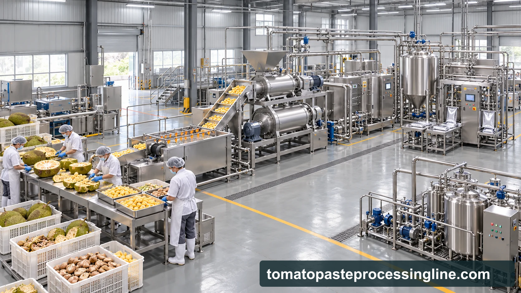 Reference-based conceptual jackfruit bulb puree factory layout showing receiving, fruit-specific preparation, product treatment and packing interfaces