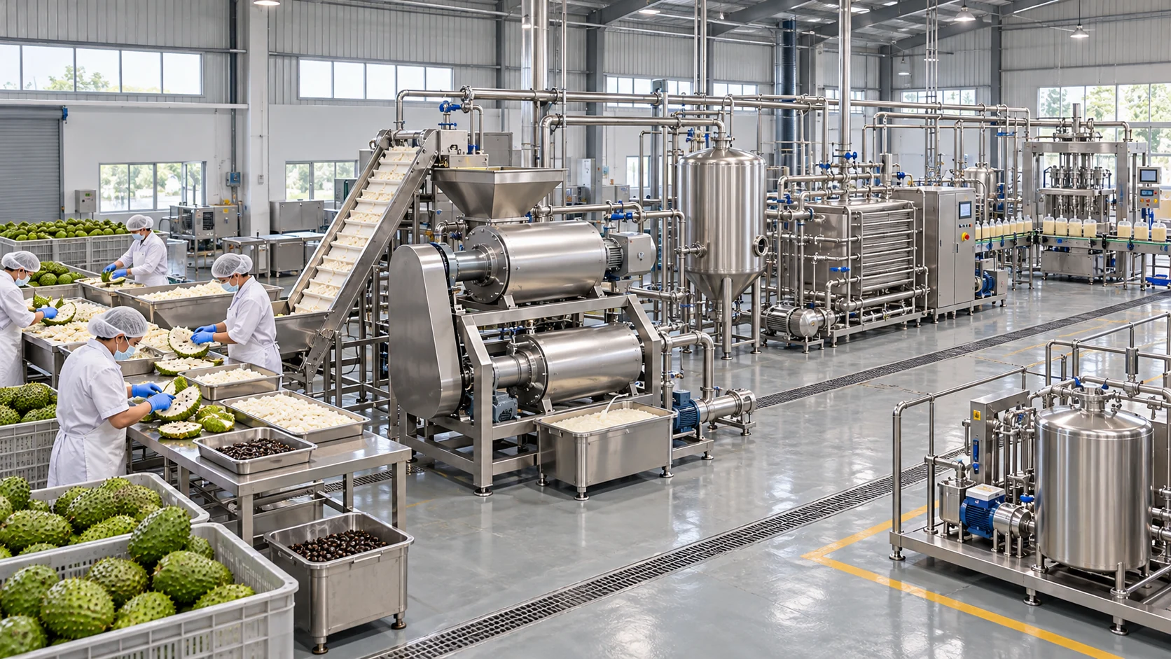 Reference-based conceptual soursop puree factory layout showing receiving, fruit-specific preparation, product treatment and packing interfaces