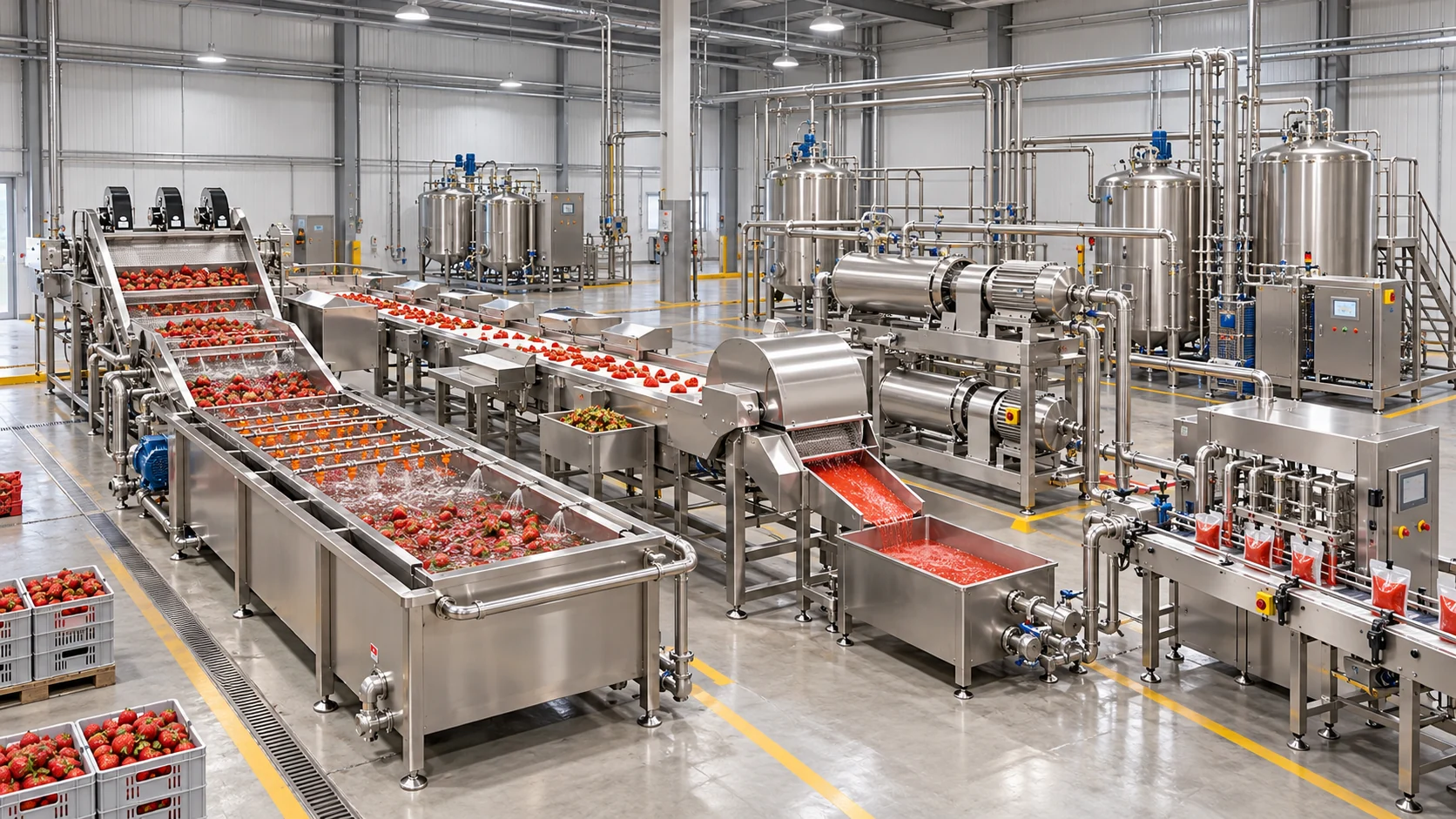 Reference-based conceptual strawberry puree factory layout showing receiving, fruit-specific preparation, product treatment and packing interfaces