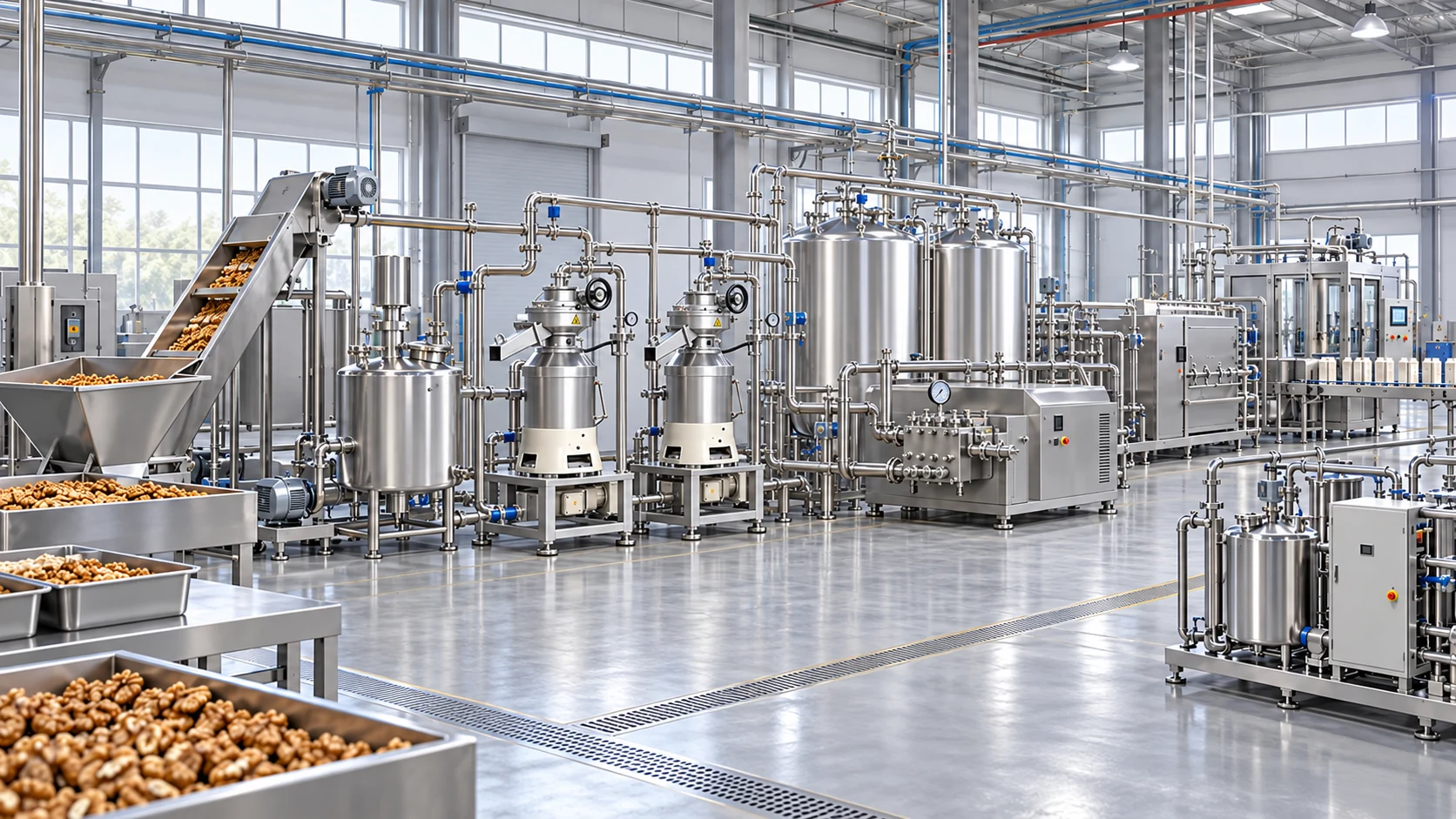 Reference-based conceptual walnut beverage base factory layout showing receiving, fruit-specific preparation, product treatment and packing interfaces
